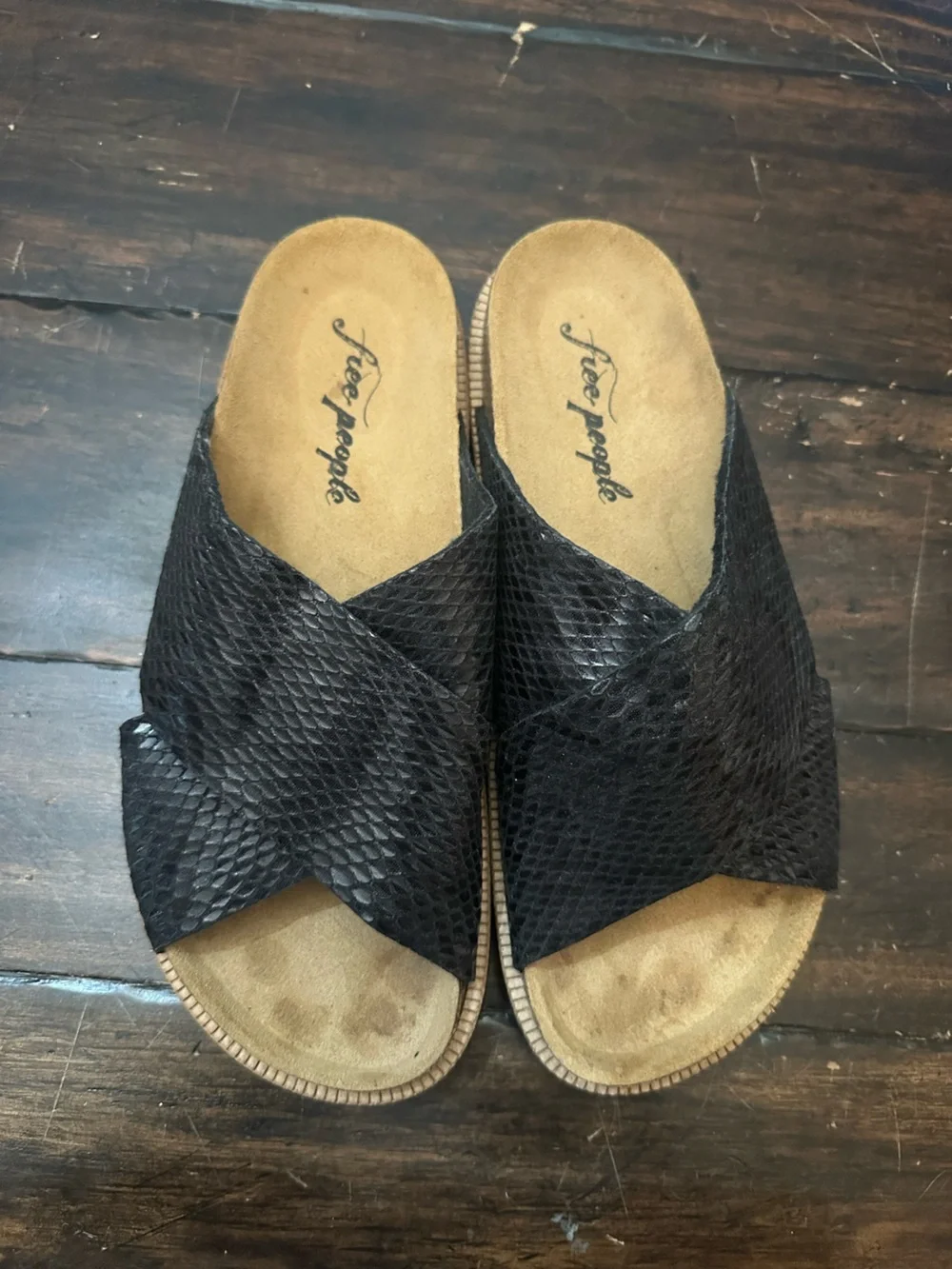 Free People Black Snakeskin Embossed Criss Cross Slide Sandals EU 37